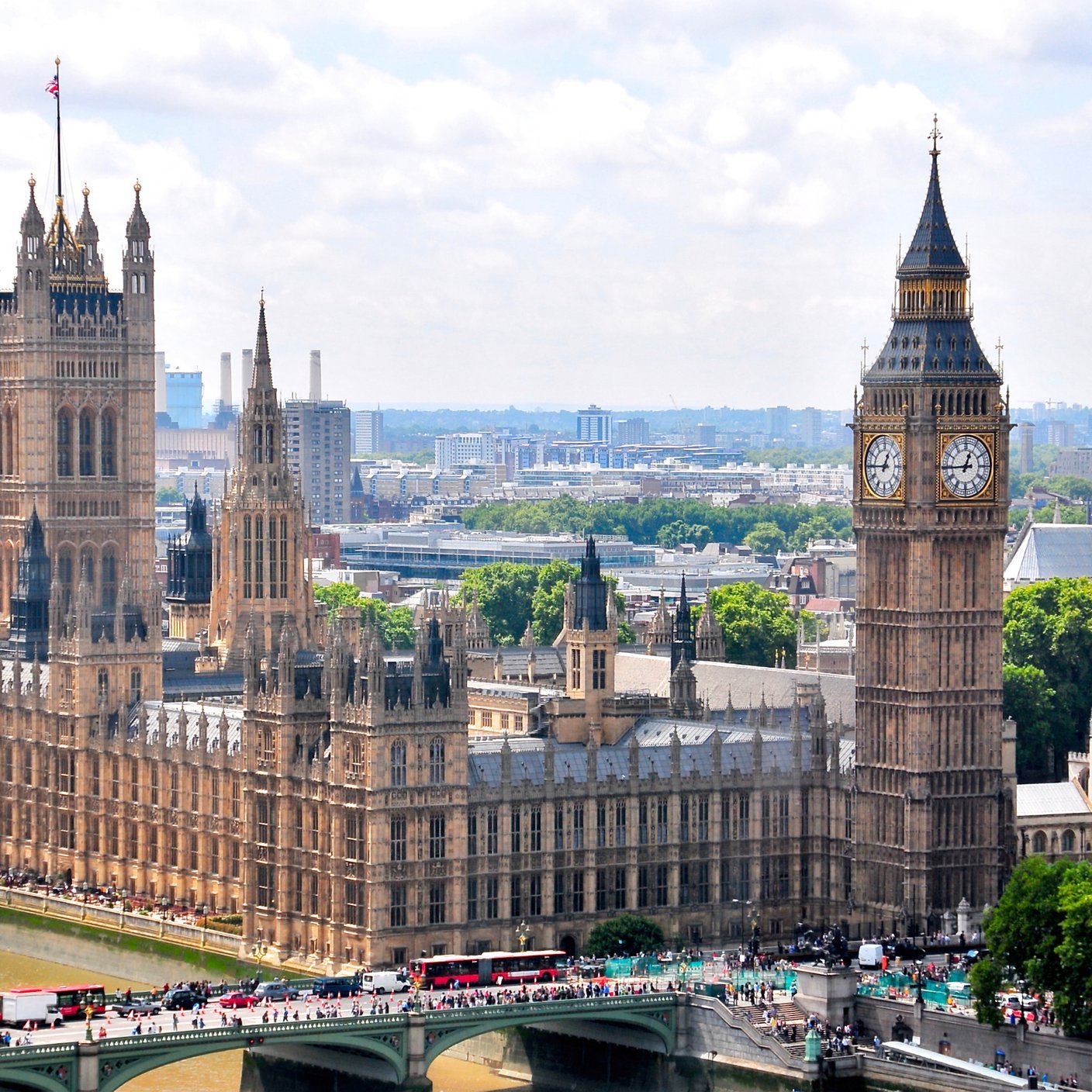 Aerial view of Big Ben and the Houses of Parliament in London along the Thames River