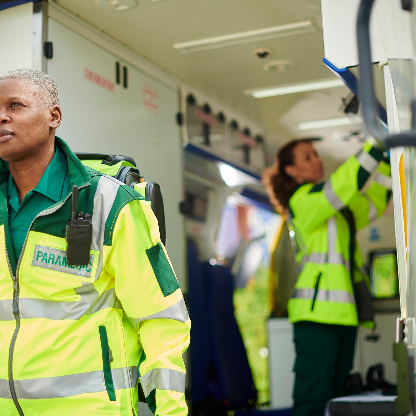 Ambulance workers inside a ambulance
