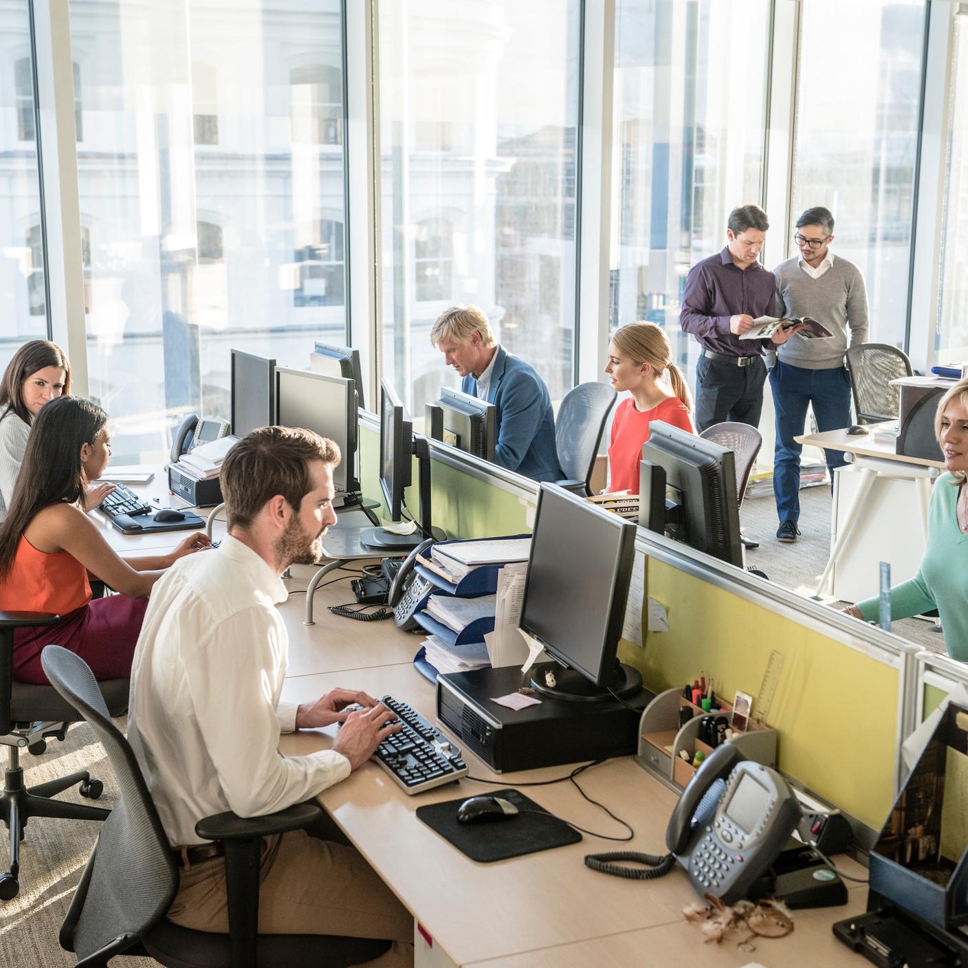 Business people working on desktop computers