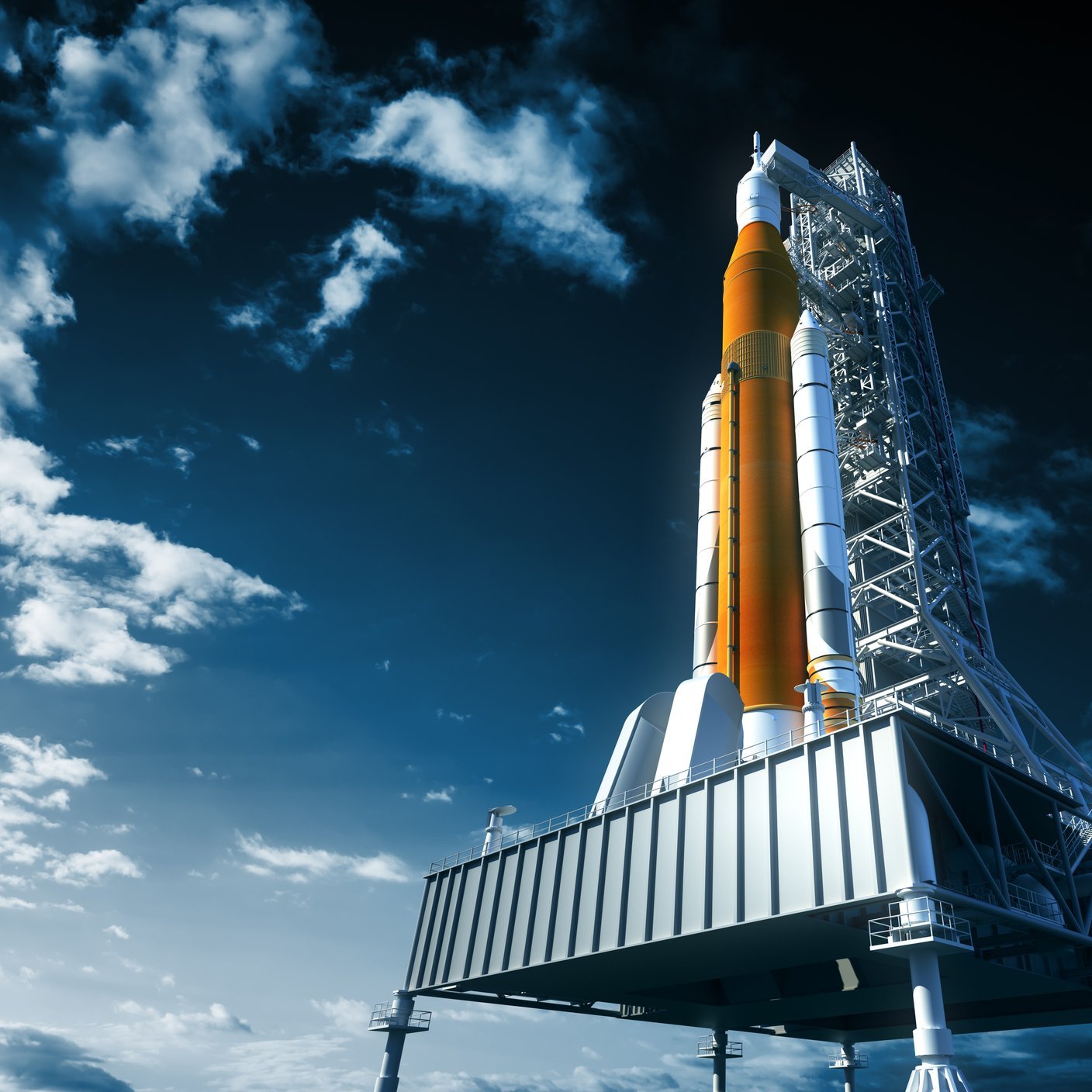 3D illustration of space launch system on launchpad over background of sky