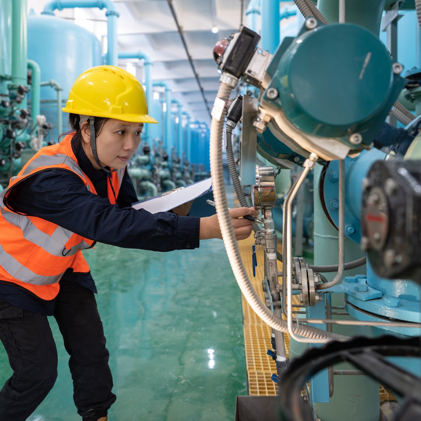 A female technician works in a chemical plant